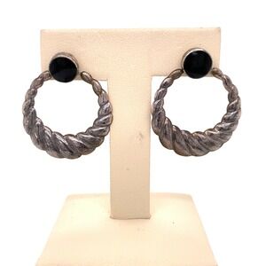 Estate Designer ND Sterling Silver & Black Onyx Dangle Drop Pierced Post Earring
